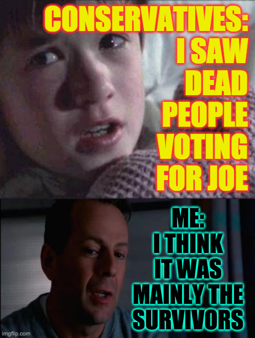 Joe's secret weapon was Trump. | CONSERVATIVES:
I SAW
DEAD
PEOPLE
VOTING
FOR JOE; ME:
I THINK
IT WAS
MAINLY THE
SURVIVORS | image tagged in memes,i see dead people,sexto sentido,covid19,joe victorious,conservatives tho | made w/ Imgflip meme maker