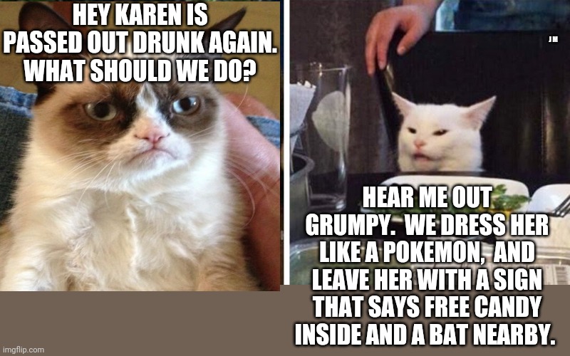 Smudge the cat | HEY KAREN IS PASSED OUT DRUNK AGAIN. WHAT SHOULD WE DO? J M; HEAR ME OUT GRUMPY.  WE DRESS HER LIKE A POKEMON,  AND LEAVE HER WITH A SIGN THAT SAYS FREE CANDY INSIDE AND A BAT NEARBY. | image tagged in smudge the cat | made w/ Imgflip meme maker