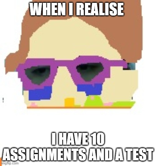 meme2 | WHEN I REALISE; I HAVE 10 ASSIGNMENTS AND A TEST | image tagged in cring me | made w/ Imgflip meme maker