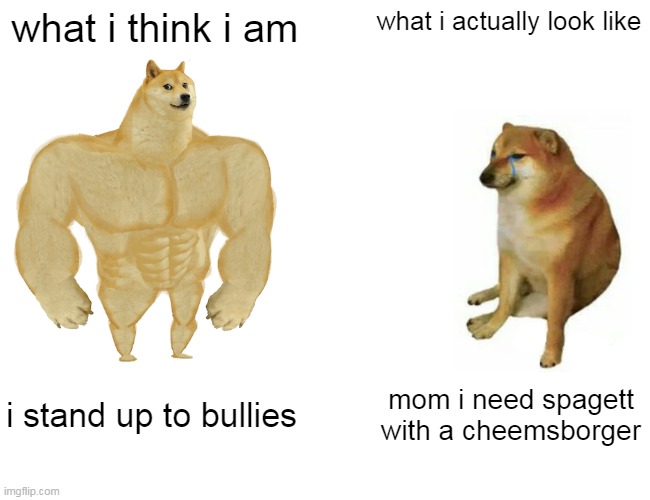 Buff Doge vs. Cheems Meme | what i think i am; what i actually look like; i stand up to bullies; mom i need spagett with a cheemsborger | image tagged in memes,buff doge vs cheems | made w/ Imgflip meme maker