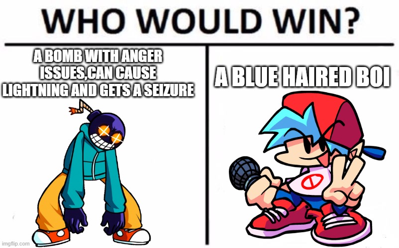Who Would Win? | A BOMB WITH ANGER ISSUES,CAN CAUSE LIGHTNING AND GETS A SEIZURE; A BLUE HAIRED BOI | image tagged in memes,who would win,fnf,whitty | made w/ Imgflip meme maker