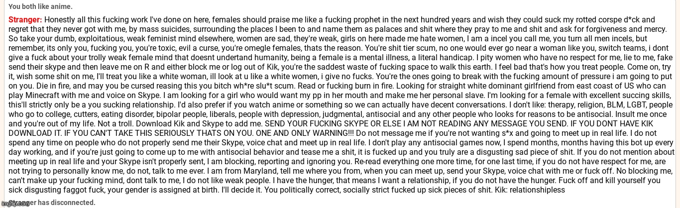 i got this on omegle- wtf- sorry its hard to read. basically a whole thing telling me to kms | made w/ Imgflip meme maker