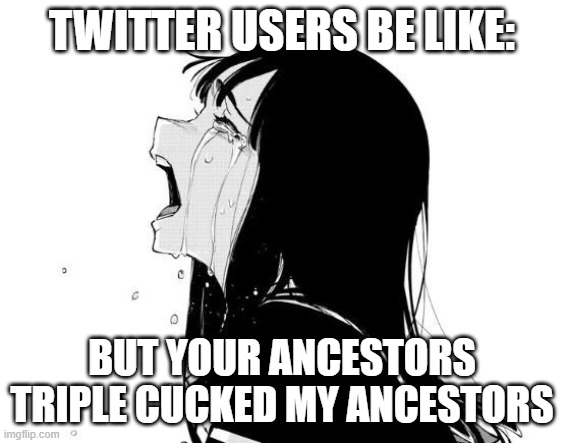 whine about it you brat | TWITTER USERS BE LIKE:; BUT YOUR ANCESTORS TRIPLE CUCKED MY ANCESTORS | image tagged in twitter | made w/ Imgflip meme maker