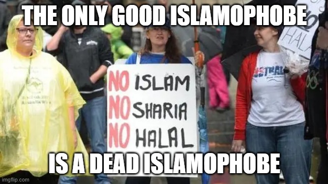 The Only Good Islamophobe Is A Dead Islamophobe | THE ONLY GOOD ISLAMOPHOBE; IS A DEAD ISLAMOPHOBE | image tagged in islamophobia,dead,death | made w/ Imgflip meme maker