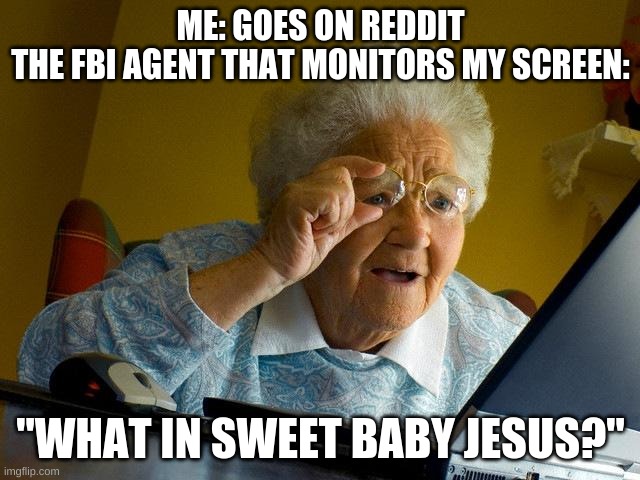 Reddit be like | ME: GOES ON REDDIT
THE FBI AGENT THAT MONITORS MY SCREEN:; "WHAT IN SWEET BABY JESUS?" | image tagged in memes,grandma finds the internet | made w/ Imgflip meme maker