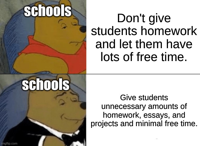 Schools be like. My school is like this to | Don't give students homework and let them have lots of free time. schools; schools; Give students unnecessary amounts of homework, essays, and projects and minimal free time. | image tagged in memes,tuxedo winnie the pooh | made w/ Imgflip meme maker