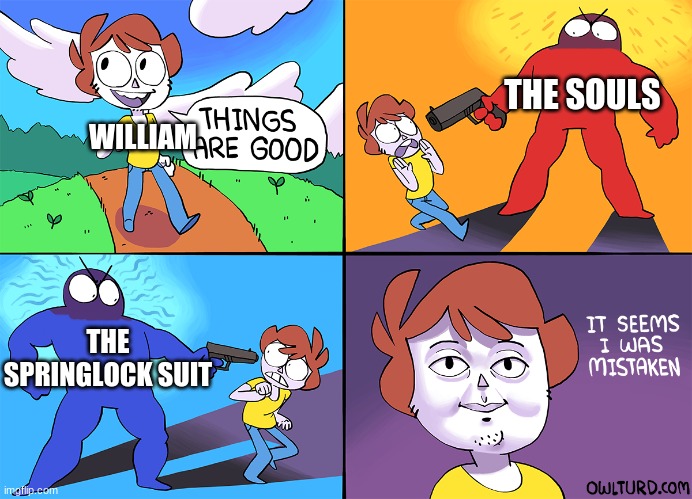 THE SOULS; WILLIAM; THE SPRINGLOCK SUIT | image tagged in fnaf,five nights at freddys,five nights at freddy's,purple guy | made w/ Imgflip meme maker