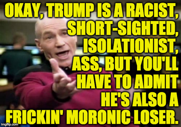 Picard Wtf Meme | OKAY, TRUMP IS A RACIST,
SHORT-SIGHTED,
ISOLATIONIST,
ASS, BUT YOU'LL
HAVE TO ADMIT
HE'S ALSO A
FRICKIN' MORONIC LOSER. | image tagged in memes,picard wtf | made w/ Imgflip meme maker