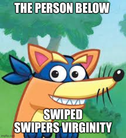 Swiper Dora  | THE PERSON BELOW; SWIPED SWIPERS VIRGINITY | image tagged in swiper dora | made w/ Imgflip meme maker