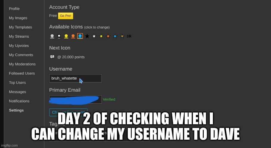 DAY 2 OF CHECKING WHEN I CAN CHANGE MY USERNAME TO DAVE | made w/ Imgflip meme maker