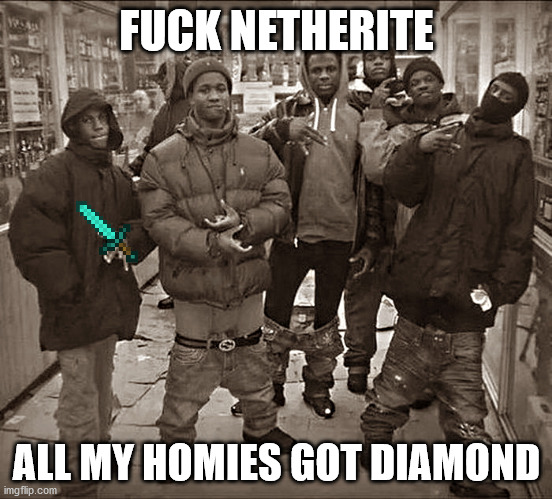 Fuck X all my homies use Y | FUCK NETHERITE ALL MY HOMIES GOT DIAMOND | image tagged in fuck x all my homies use y | made w/ Imgflip meme maker