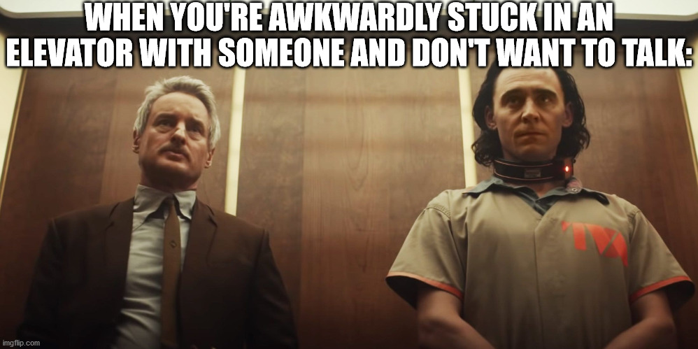 I hate being stuck in this situation | WHEN YOU'RE AWKWARDLY STUCK IN AN ELEVATOR WITH SOMEONE AND DON'T WANT TO TALK: | image tagged in loki | made w/ Imgflip meme maker