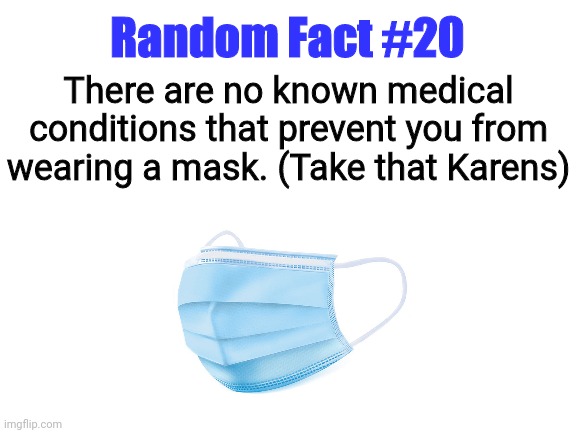 Random Fact #20 | Random Fact #20; There are no known medical conditions that prevent you from wearing a mask. (Take that Karens) | image tagged in blank white template,random fact | made w/ Imgflip meme maker