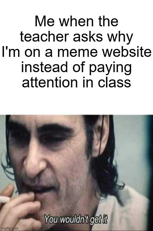 They wouldn't | Me when the teacher asks why I'm on a meme website instead of paying attention in class | image tagged in you wouldn't get it,haha,funny,memes | made w/ Imgflip meme maker