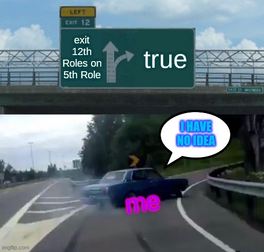 Left Exit 12 Off Ramp Meme | exit 12th Roles on 5th Role; true; I HAVE NO IDEA; me | image tagged in memes,left exit 12 off ramp | made w/ Imgflip meme maker