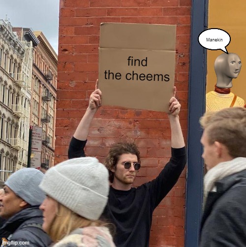 find it | find the cheems; Manekin | image tagged in memes,guy holding cardboard sign | made w/ Imgflip meme maker