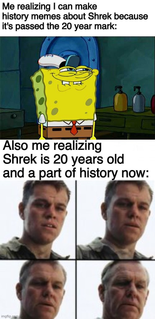 Shrek came out in April 2001 I think | Me realizing I can make history memes about Shrek because it's passed the 20 year mark:; Also me realizing Shrek is 20 years old and a part of history now: | image tagged in memes,don't you squidward,turning old | made w/ Imgflip meme maker