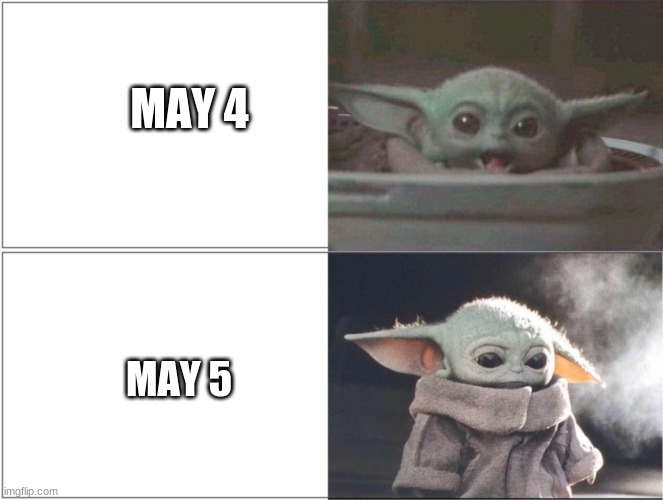 Baby Yoda happy then sad | MAY 4; MAY 5 | image tagged in baby yoda happy then sad | made w/ Imgflip meme maker