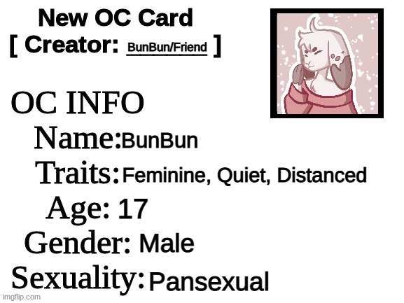 My friend IRL drew me an OC Because I won a competition. The art made me very happy. | BunBun/Friend; BunBun; Feminine, Quiet, Distanced; 17; Male; Pansexual | image tagged in new oc card id | made w/ Imgflip meme maker