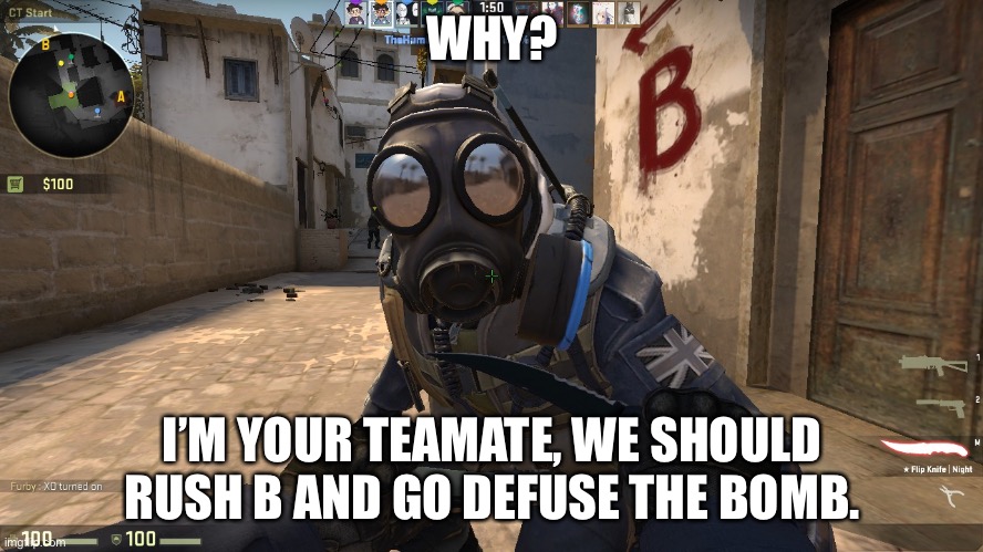 counter-terrorist talking to you | WHY? I’M YOUR TEAMATE, WE SHOULD RUSH B AND GO DEFUSE THE BOMB. | image tagged in counter-terrorist talking to you | made w/ Imgflip meme maker