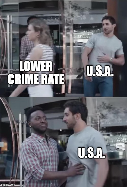 title | U.S.A. LOWER CRIME RATE; U.S.A. | image tagged in bro not cool | made w/ Imgflip meme maker