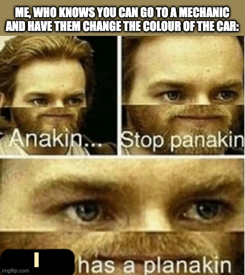 anakin stop panakin | I ME, WHO KNOWS YOU CAN GO TO A MECHANIC AND HAVE THEM CHANGE THE COLOUR OF THE CAR: | image tagged in anakin stop panakin | made w/ Imgflip meme maker