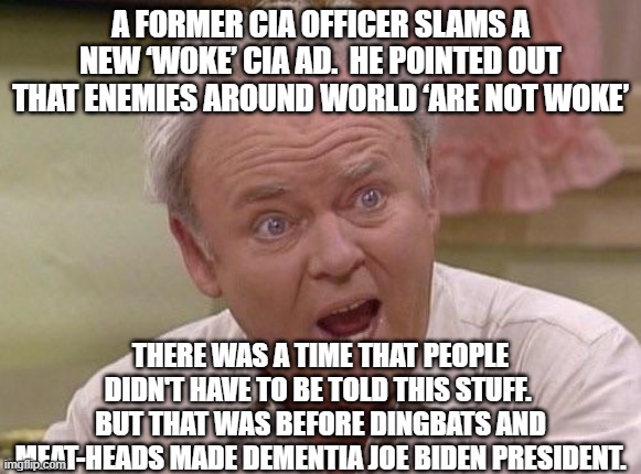 Just how stupid IS the average leftist? | A FORMER CIA OFFICER SLAMS A NEW ‘WOKE’ CIA AD.  HE POINTED OUT THAT ENEMIES AROUND WORLD ‘ARE NOT WOKE’; THERE WAS A TIME THAT PEOPLE DIDN'T HAVE TO BE TOLD THIS STUFF.  BUT THAT WAS BEFORE DINGBATS AND MEAT-HEADS MADE DEMENTIA JOE BIDEN PRESIDENT. | image tagged in archie bunker | made w/ Imgflip meme maker