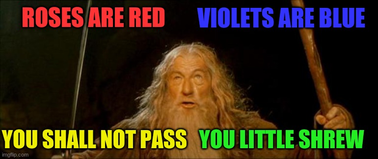 gandalf you shall not pass | VIOLETS ARE BLUE; ROSES ARE RED; YOU SHALL NOT PASS; YOU LITTLE SHREW | image tagged in gandalf you shall not pass,roses are red violets are are blue | made w/ Imgflip meme maker