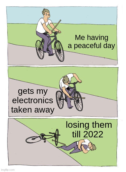 i just want them back | Me having a peaceful day; gets my electronics taken away; losing them till 2022 | image tagged in memes,bike fall,video games | made w/ Imgflip meme maker