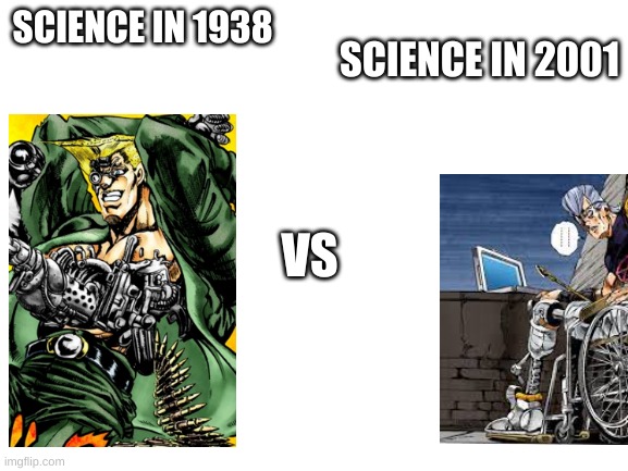 bruh | SCIENCE IN 2001; SCIENCE IN 1938; VS | image tagged in blank white template | made w/ Imgflip meme maker