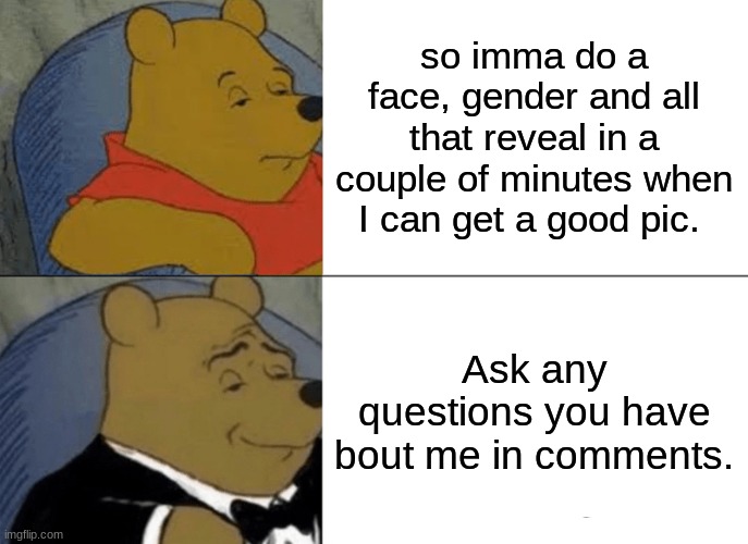 just comment anything you wanna know | so imma do a face, gender and all that reveal in a couple of minutes when I can get a good pic. Ask any questions you have bout me in comments. | image tagged in memes,tuxedo winnie the pooh | made w/ Imgflip meme maker