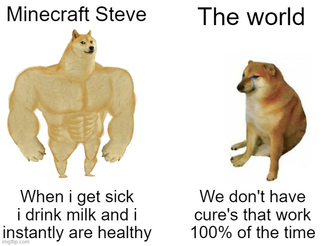 Buff Doge vs. Cheems Meme | Minecraft Steve; The world; When i get sick i drink milk and i instantly are healthy; We don't have cure's that work 100% of the time | image tagged in memes,buff doge vs cheems,funny,minecraft memes,funny memes,minecraft | made w/ Imgflip meme maker