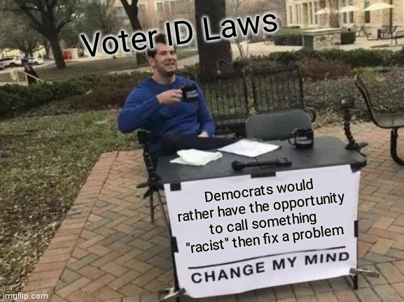 If Democrats say Black People and Minorities cannot obtain the appropriate ID then why don't they work to fix that issue? | Voter ID Laws; Democrats would rather have the opportunity to call something "racist" then fix a problem | image tagged in memes,change my mind,democrats,hypocrisy | made w/ Imgflip meme maker