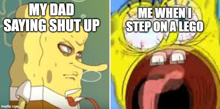 MY DAD SAYING SHUT UP; ME WHEN I STEP ON A LEGO | image tagged in lego,dads | made w/ Imgflip meme maker