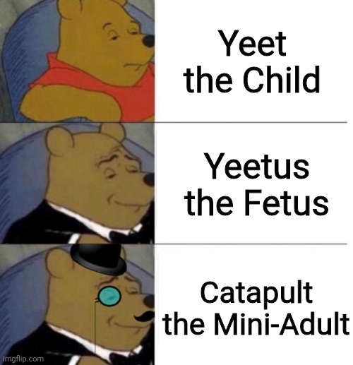 Tuxedo Winnie the Pooh (3 panel) | Yeet the Child; Yeetus the Fetus; Catapult the Mini-Adult | image tagged in tuxedo winnie the pooh 3 panel,Limenade | made w/ Imgflip meme maker
