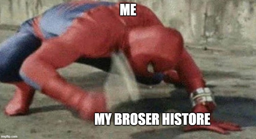 ME | ME; MY BROSER HISTORE | image tagged in spider man hammer | made w/ Imgflip meme maker