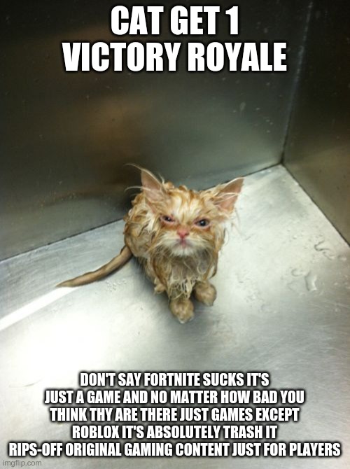Kill You Cat Meme | CAT GET 1 VICTORY ROYALE DON'T SAY FORTNITE SUCKS IT'S JUST A GAME AND NO MATTER HOW BAD YOU THINK THY ARE THERE JUST GAMES EXCEPT ROBLOX IT | image tagged in memes,kill you cat | made w/ Imgflip meme maker