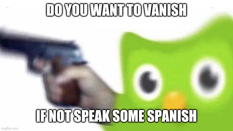 duolingo gun | DO YOU WANT TO VANISH; IF NOT SPEAK SOME SPANISH | image tagged in duolingo gun | made w/ Imgflip meme maker