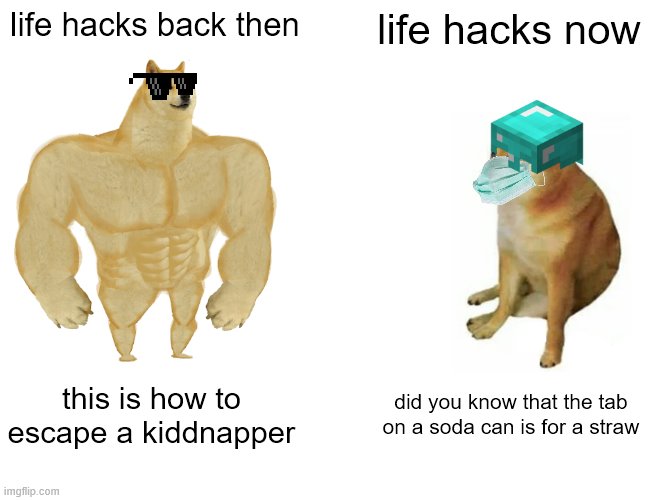 Buff Doge vs. Cheems | life hacks back then; life hacks now; this is how to escape a kiddnapper; did you know that the tab on a soda can is for a straw | image tagged in memes,buff doge vs cheems | made w/ Imgflip meme maker