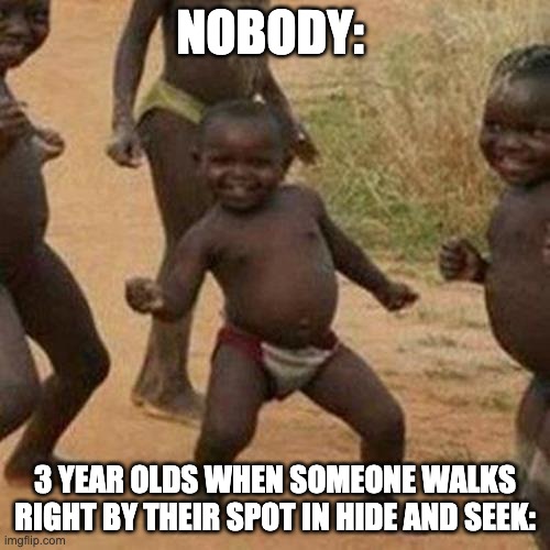 Why Not | NOBODY:; 3 YEAR OLDS WHEN SOMEONE WALKS RIGHT BY THEIR SPOT IN HIDE AND SEEK: | image tagged in memes,third world success kid | made w/ Imgflip meme maker