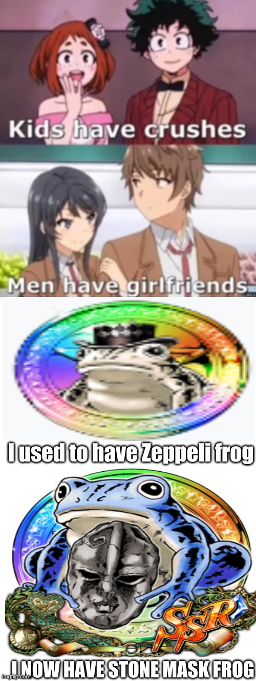 STONE MASK FROG | I used to have Zeppeli frog; I NOW HAVE STONE MASK FROG | image tagged in blank white template | made w/ Imgflip meme maker