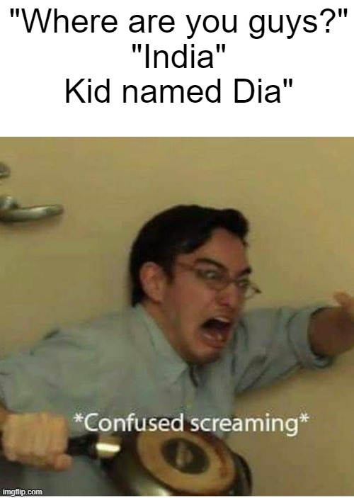 confused screaming | "Where are you guys?"
"India"
Kid named Dia" | image tagged in confused screaming | made w/ Imgflip meme maker