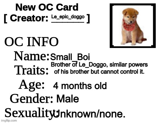 Expect Le_Doggo to show up in the roleplay because he has to look after his brother. | Le_epic_doggo; Small_Boi; Brother of Le_Doggo, similar powers of his brother but cannot control it. 4 months old; Male; Unknown/none. | image tagged in new oc card id | made w/ Imgflip meme maker