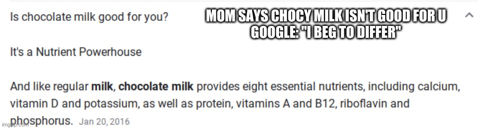 yea mom stfu and listen to google because they have more braincells then u |  MOM SAYS CHOCY MILK ISN'T GOOD FOR U
GOOGLE: "I BEG TO DIFFER" | image tagged in choccy milk | made w/ Imgflip meme maker