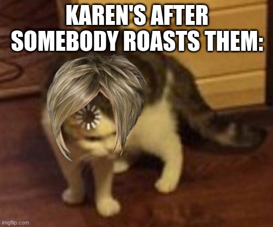 Karen's be like | KAREN'S AFTER SOMEBODY ROASTS THEM: | image tagged in loading cat | made w/ Imgflip meme maker