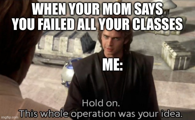 Hold on this whole operation was your idea | WHEN YOUR MOM SAYS YOU FAILED ALL YOUR CLASSES; ME: | image tagged in hold on this whole operation was your idea | made w/ Imgflip meme maker