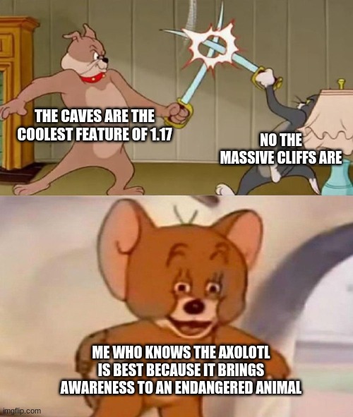 Minecraft caves and cliffs argumant | THE CAVES ARE THE COOLEST FEATURE OF 1.17; NO THE MASSIVE CLIFFS ARE; ME WHO KNOWS THE AXOLOTL IS BEST BECAUSE IT BRINGS AWARENESS TO AN ENDANGERED ANIMAL | image tagged in tom and jerry swordfight,minecraft | made w/ Imgflip meme maker