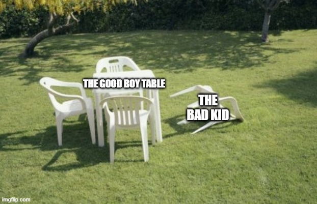 We Will Rebuild | THE GOOD BOY TABLE; THE BAD KID | image tagged in memes,we will rebuild | made w/ Imgflip meme maker