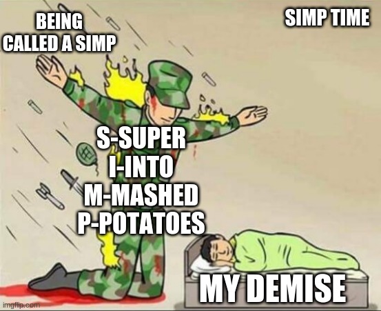 being called a simp | BEING CALLED A SIMP; SIMP TIME; S-SUPER
I-INTO
M-MASHED
P-POTATOES; MY DEMISE | image tagged in soldier protecting sleeping child | made w/ Imgflip meme maker