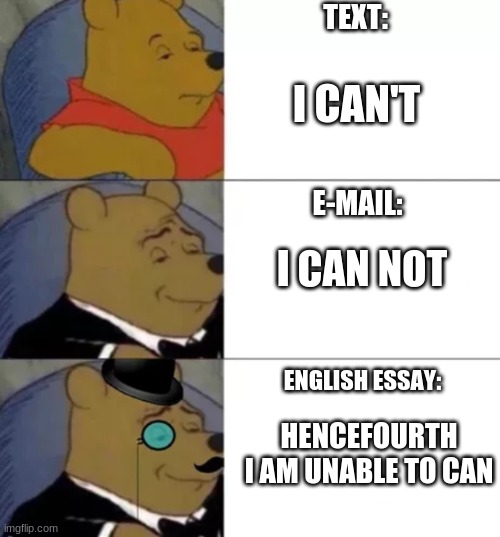 Writing in diffrent tabs | TEXT:; I CAN'T; E-MAIL:; I CAN NOT; ENGLISH ESSAY:; HENCEFOURTH I AM UNABLE TO CAN | image tagged in fancy pooh | made w/ Imgflip meme maker